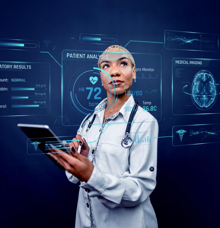 Image of a female doctor in front of digital files